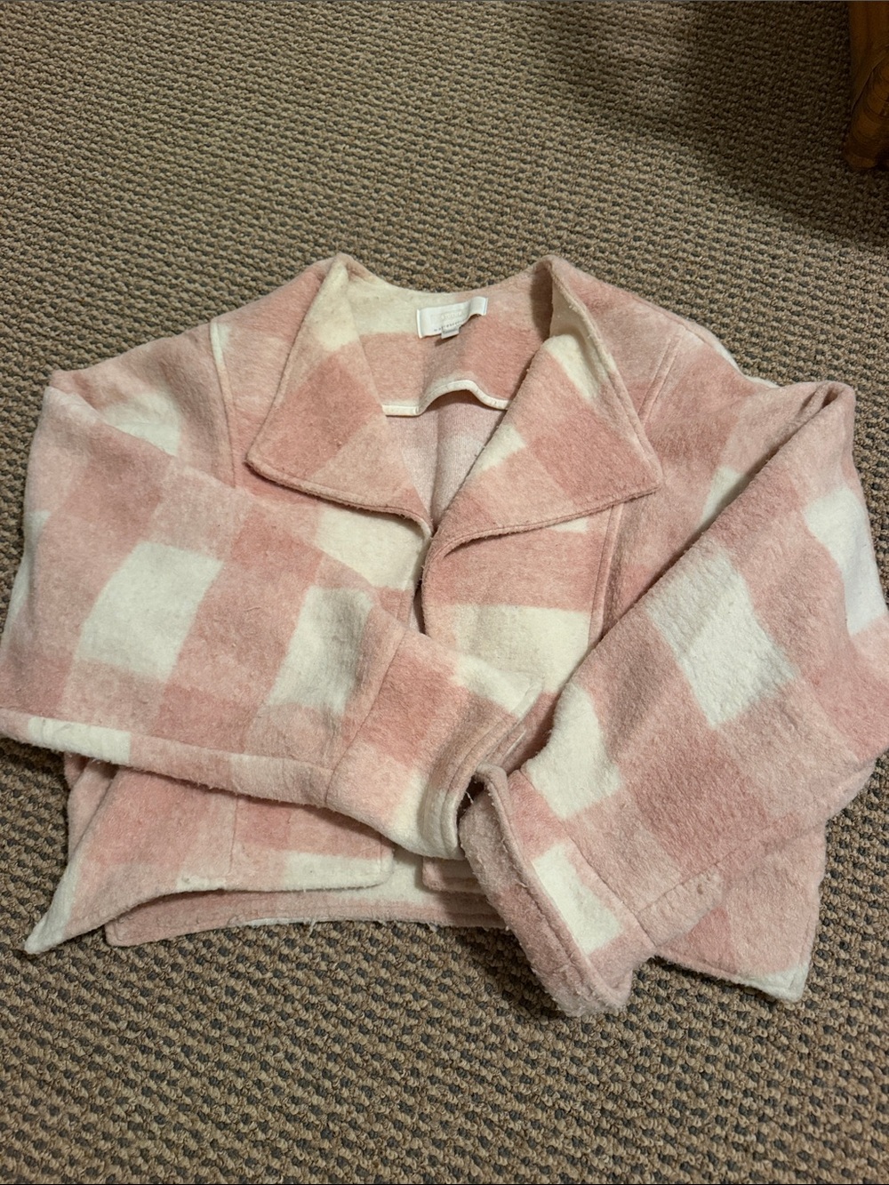 Anthropologie Pink and Cream Check Cropped Pea Coat